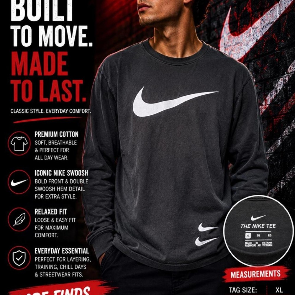 Nike Long Sleeve Swoosh Tee Black Men's XL‎ Graphic Athletic Shirt